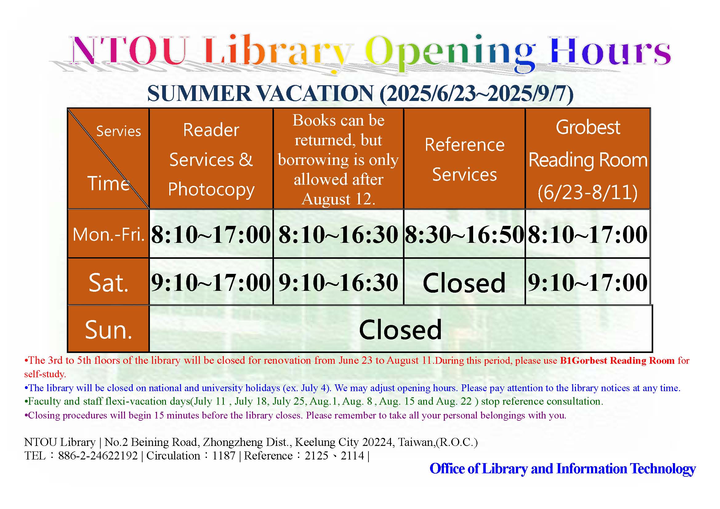 Summer  Vacation Liberary Opening Hours